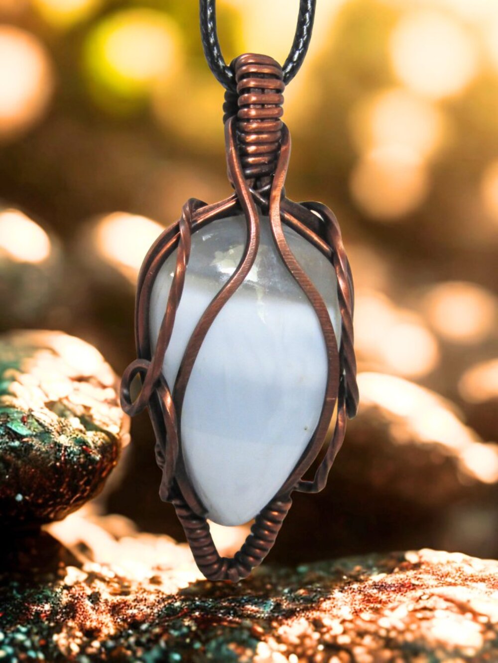 Handmade Blue Opal Wire Wrapped Copper Pendant Necklace